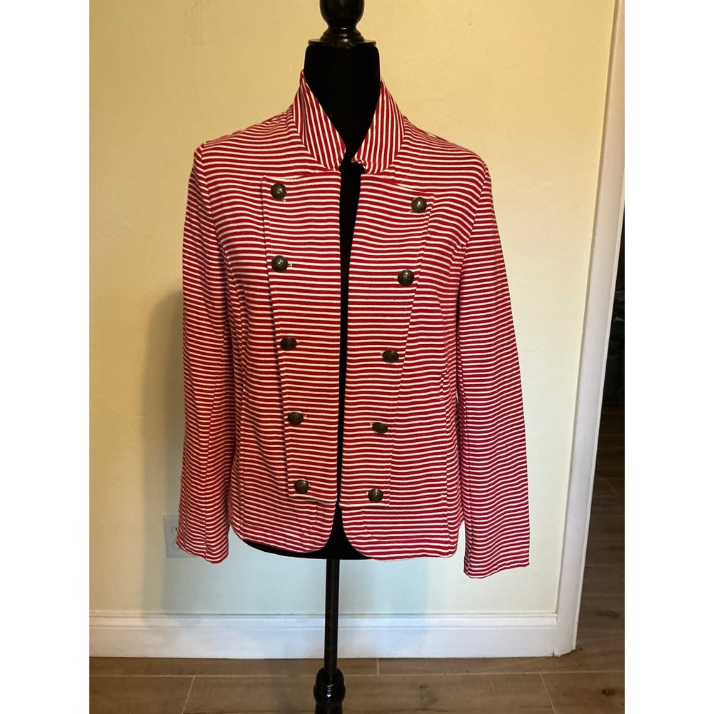 Tommy Hilfiger Red White Striped Military Knit Blazer Jacket Brass Buttons L